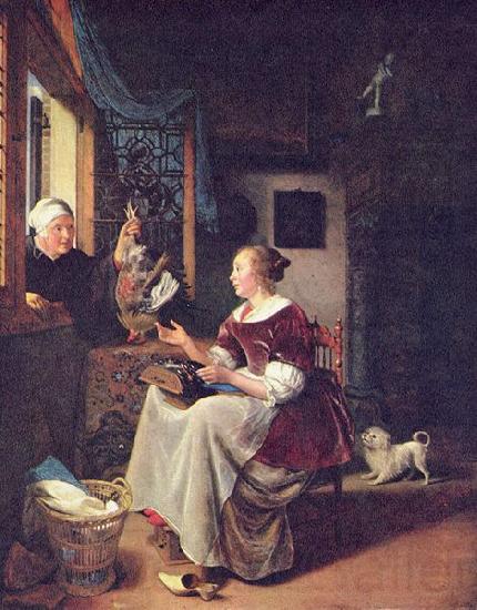 Pieter Cornelisz. van Slingelandt A young lacemaker is interrupted by a birdseller who offers her ware through the window
